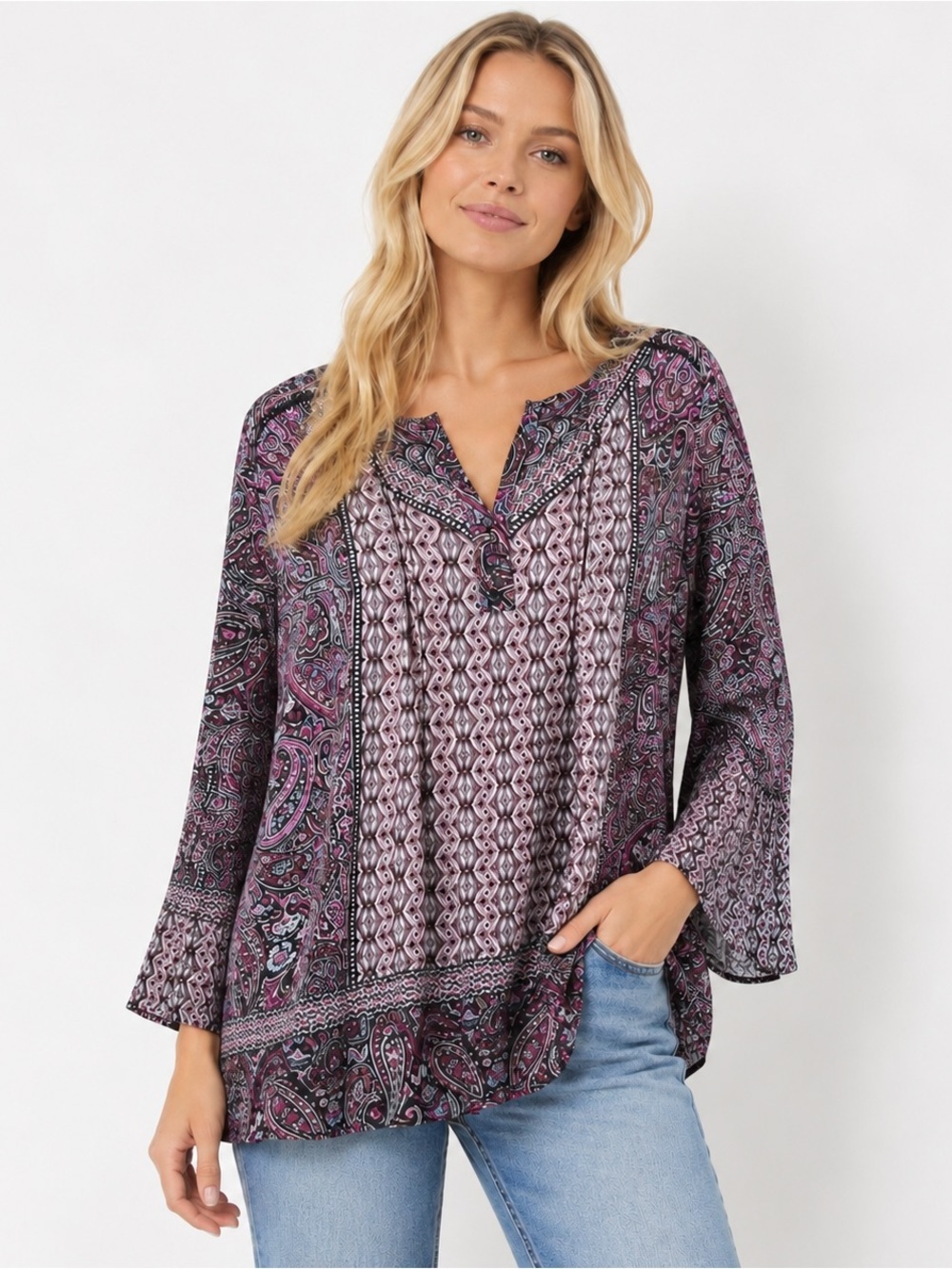 Belle Kim Gravel Modern Mosaic Blouse Dark Paisley Boho Chic Relaxed Size 1X